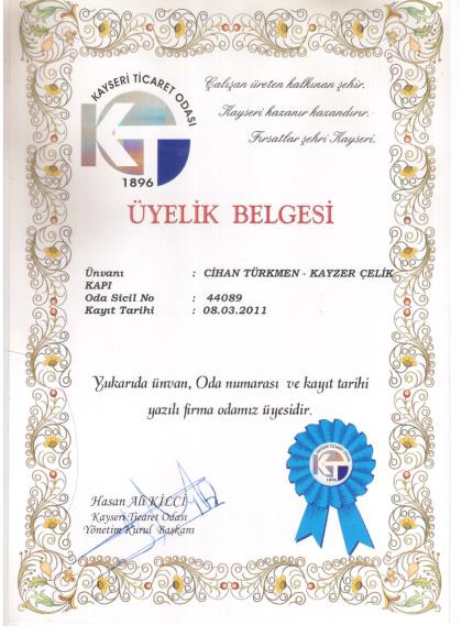 KAYSERİ TİCARET ODASI ÜYELİK BELGESİ